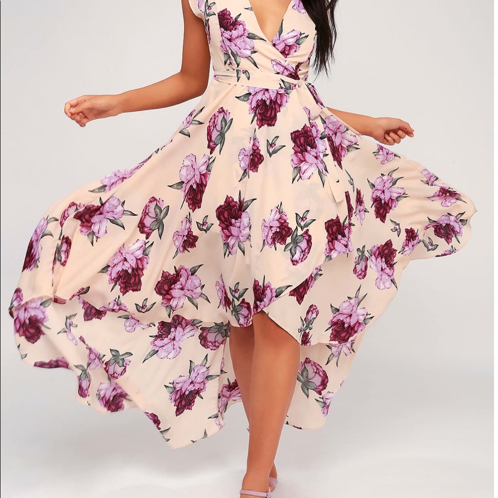 Lulu’s Blush Floral Print High-Low Dress - Size L